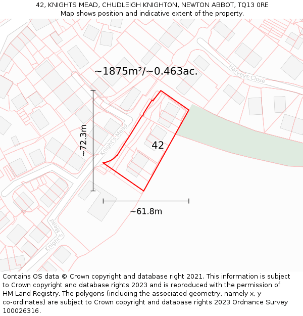 42, KNIGHTS MEAD, CHUDLEIGH KNIGHTON, NEWTON ABBOT, TQ13 0RE: Plot and title map