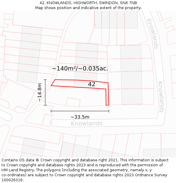 42, KNOWLANDS, HIGHWORTH, SWINDON, SN6 7NB: Plot and title map