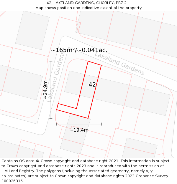 42, LAKELAND GARDENS, CHORLEY, PR7 2LL: Plot and title map