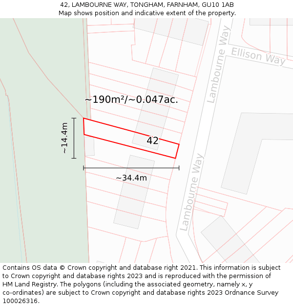 42, LAMBOURNE WAY, TONGHAM, FARNHAM, GU10 1AB: Plot and title map
