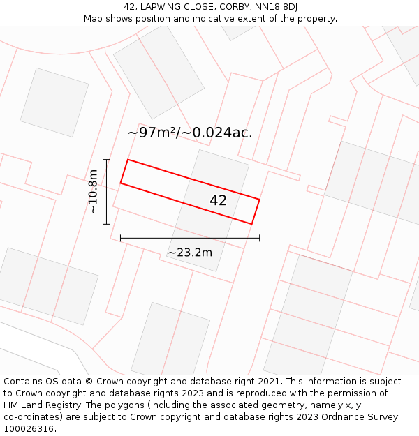 42, LAPWING CLOSE, CORBY, NN18 8DJ: Plot and title map