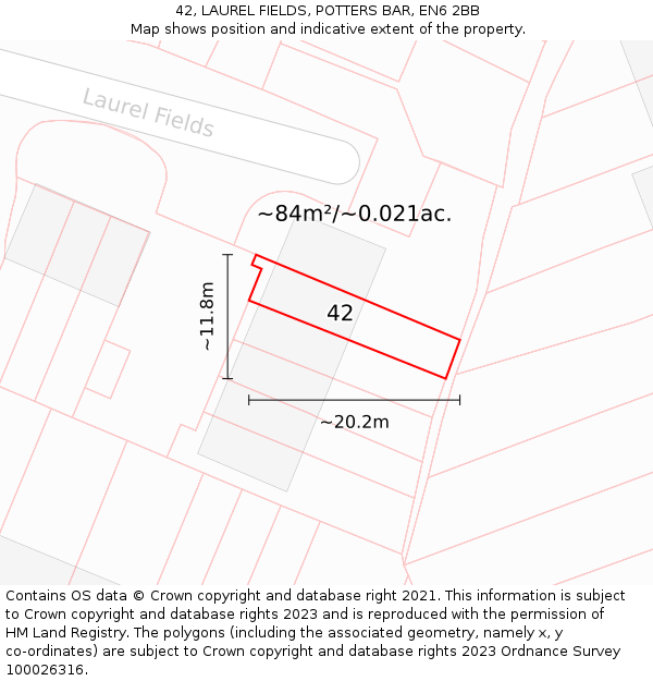 42, LAUREL FIELDS, POTTERS BAR, EN6 2BB: Plot and title map