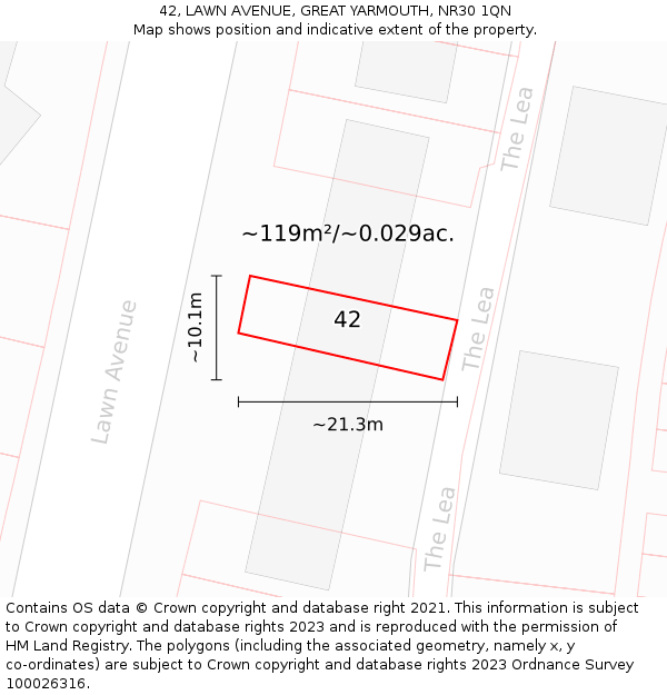 42, LAWN AVENUE, GREAT YARMOUTH, NR30 1QN: Plot and title map