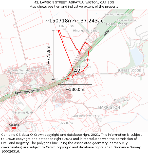 42, LAWSON STREET, ASPATRIA, WIGTON, CA7 3DS: Plot and title map