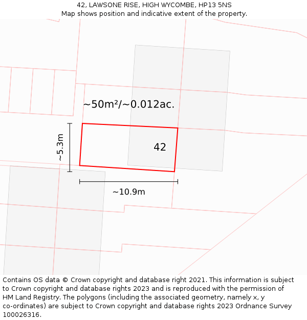 42, LAWSONE RISE, HIGH WYCOMBE, HP13 5NS: Plot and title map