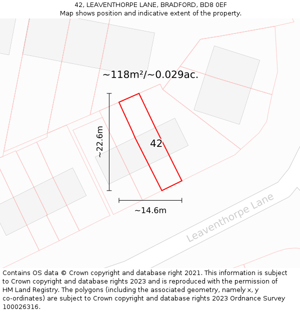 42, LEAVENTHORPE LANE, BRADFORD, BD8 0EF: Plot and title map