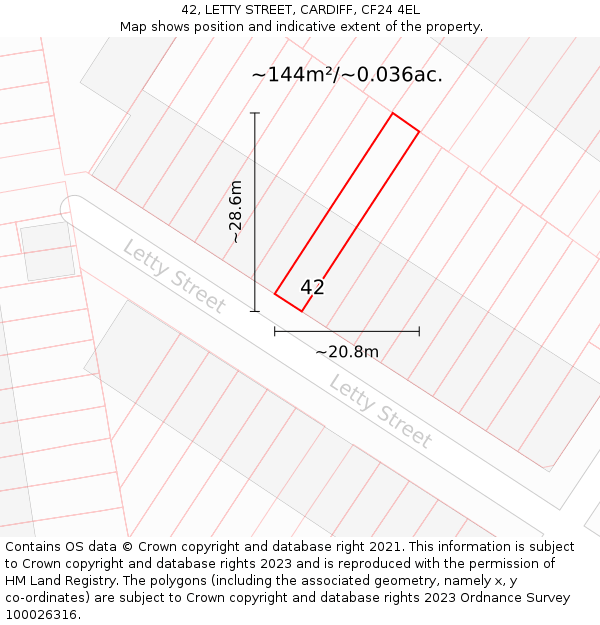 42, LETTY STREET, CARDIFF, CF24 4EL: Plot and title map