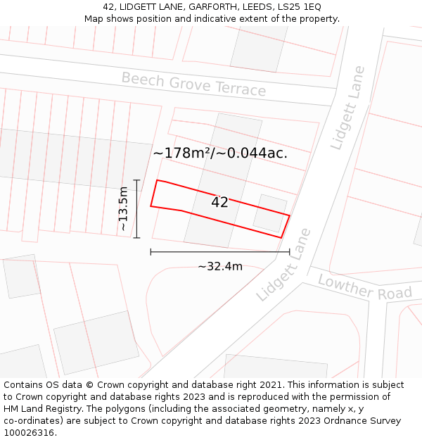42, LIDGETT LANE, GARFORTH, LEEDS, LS25 1EQ: Plot and title map