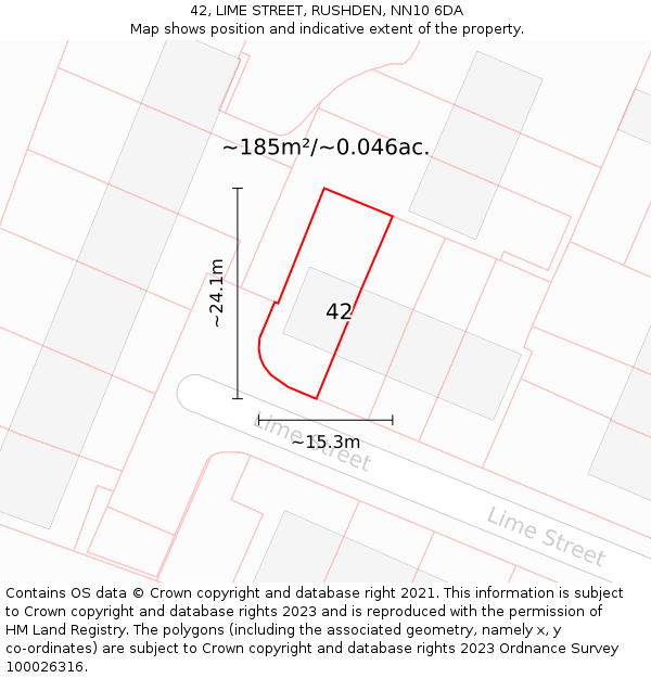 42, LIME STREET, RUSHDEN, NN10 6DA: Plot and title map