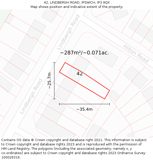 42, LINDBERGH ROAD, IPSWICH, IP3 9QX: Plot and title map