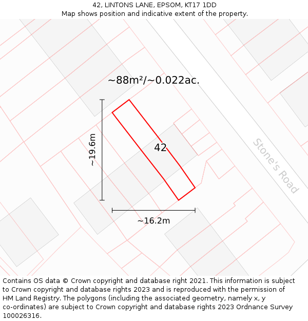 42, LINTONS LANE, EPSOM, KT17 1DD: Plot and title map