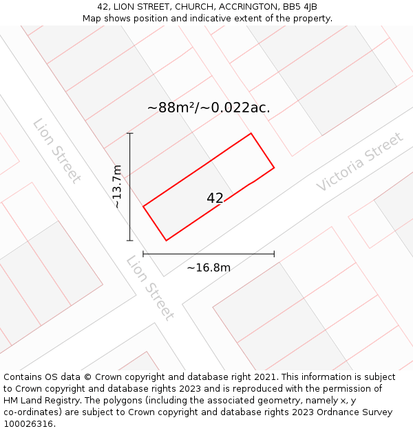 42, LION STREET, CHURCH, ACCRINGTON, BB5 4JB: Plot and title map