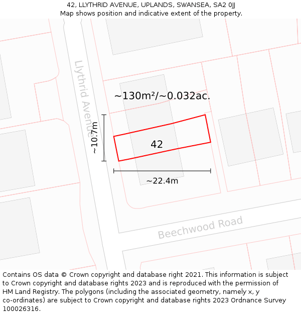 42, LLYTHRID AVENUE, UPLANDS, SWANSEA, SA2 0JJ: Plot and title map