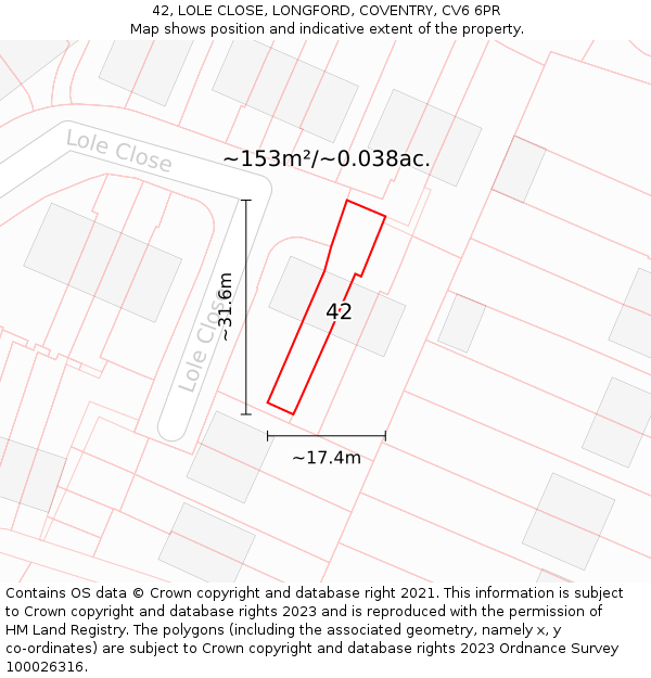 42, LOLE CLOSE, LONGFORD, COVENTRY, CV6 6PR: Plot and title map