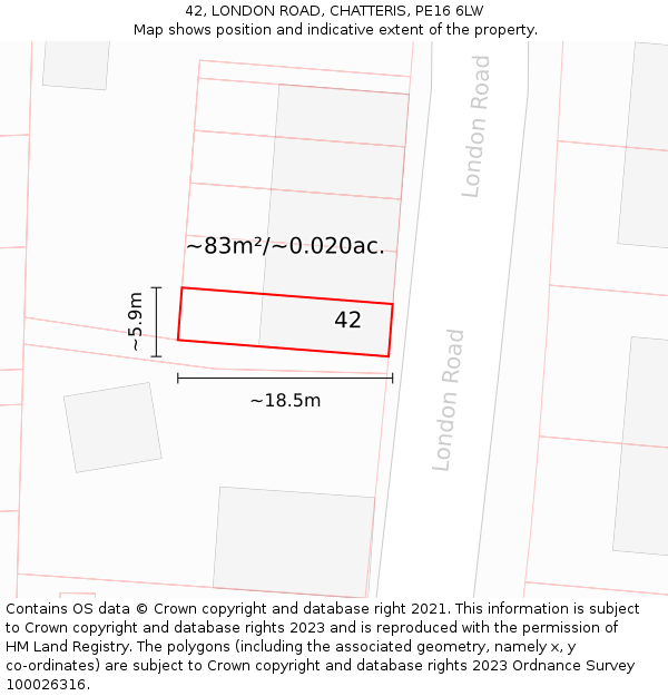 42, LONDON ROAD, CHATTERIS, PE16 6LW: Plot and title map