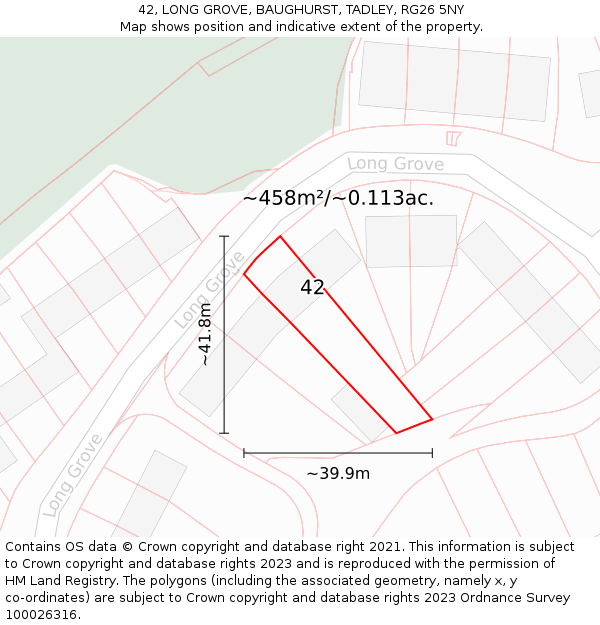 42, LONG GROVE, BAUGHURST, TADLEY, RG26 5NY: Plot and title map