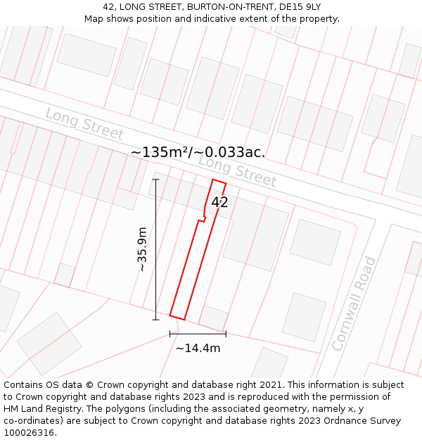 42, LONG STREET, BURTON-ON-TRENT, DE15 9LY: Plot and title map