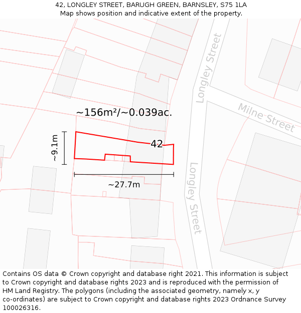 42, LONGLEY STREET, BARUGH GREEN, BARNSLEY, S75 1LA: Plot and title map