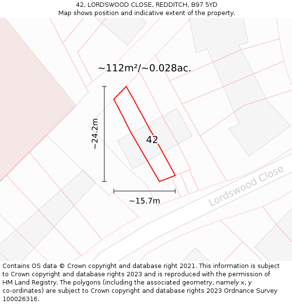 42, LORDSWOOD CLOSE, REDDITCH, B97 5YD: Plot and title map