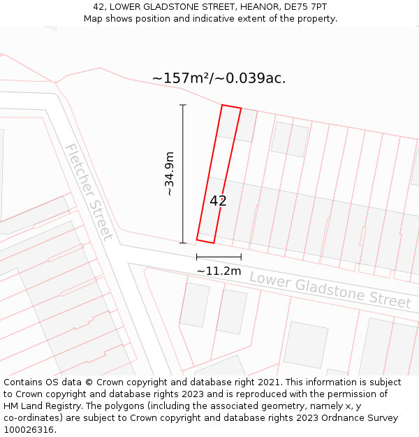 42, LOWER GLADSTONE STREET, HEANOR, DE75 7PT: Plot and title map
