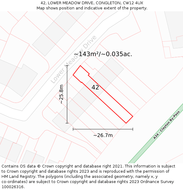 42, LOWER MEADOW DRIVE, CONGLETON, CW12 4UX: Plot and title map