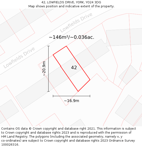 42, LOWFIELDS DRIVE, YORK, YO24 3DG: Plot and title map