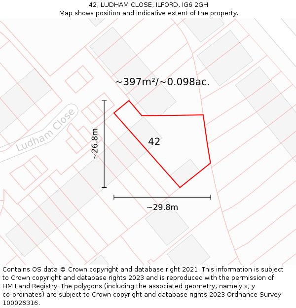 42, LUDHAM CLOSE, ILFORD, IG6 2GH: Plot and title map