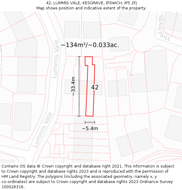 42, LUMMIS VALE, KESGRAVE, IPSWICH, IP5 2FJ: Plot and title map