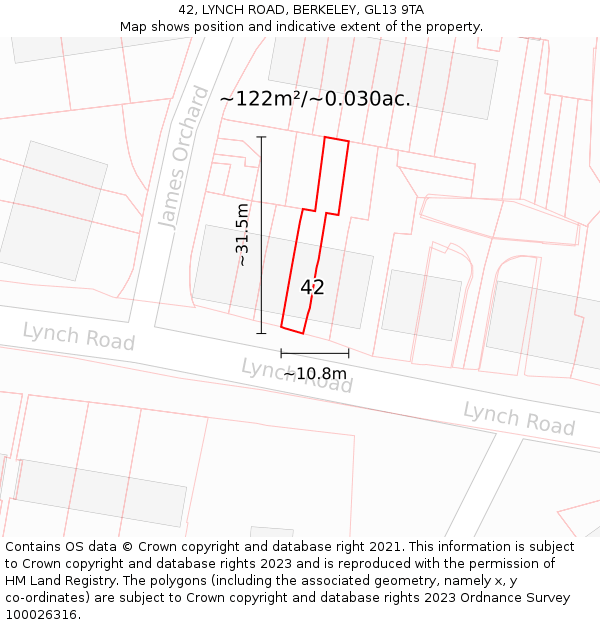 42, LYNCH ROAD, BERKELEY, GL13 9TA: Plot and title map