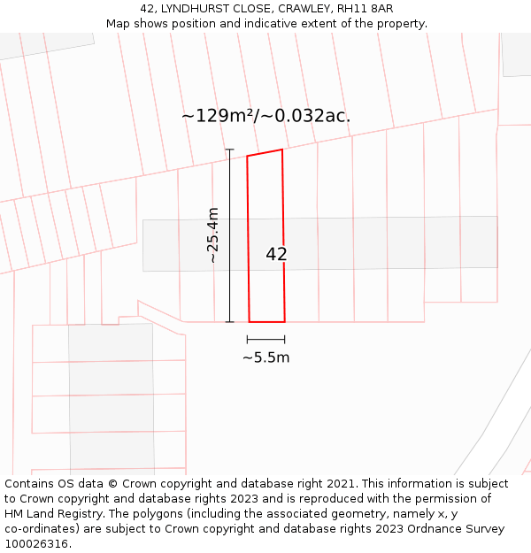 42, LYNDHURST CLOSE, CRAWLEY, RH11 8AR: Plot and title map