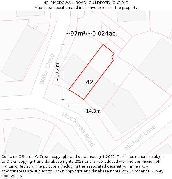 42, MACDOWALL ROAD, GUILDFORD, GU2 9LD: Plot and title map