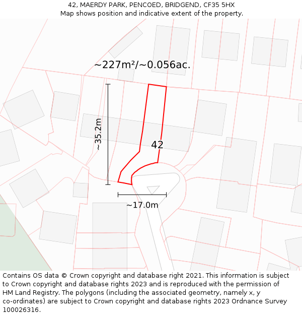 42, MAERDY PARK, PENCOED, BRIDGEND, CF35 5HX: Plot and title map