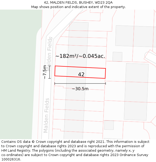 42, MALDEN FIELDS, BUSHEY, WD23 2QA: Plot and title map