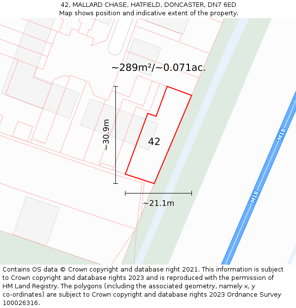 42, MALLARD CHASE, HATFIELD, DONCASTER, DN7 6ED: Plot and title map