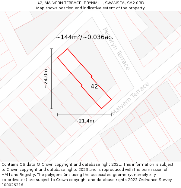 42, MALVERN TERRACE, BRYNMILL, SWANSEA, SA2 0BD: Plot and title map