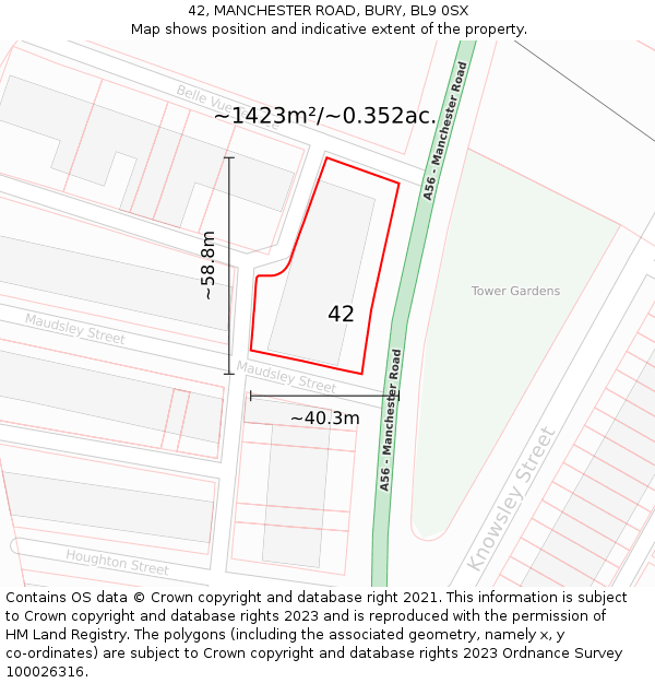42, MANCHESTER ROAD, BURY, BL9 0SX: Plot and title map