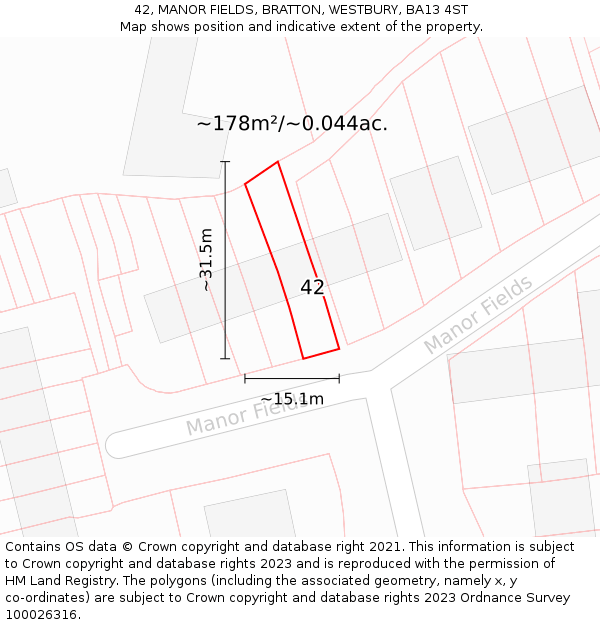 42, MANOR FIELDS, BRATTON, WESTBURY, BA13 4ST: Plot and title map