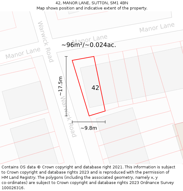 42, MANOR LANE, SUTTON, SM1 4BN: Plot and title map