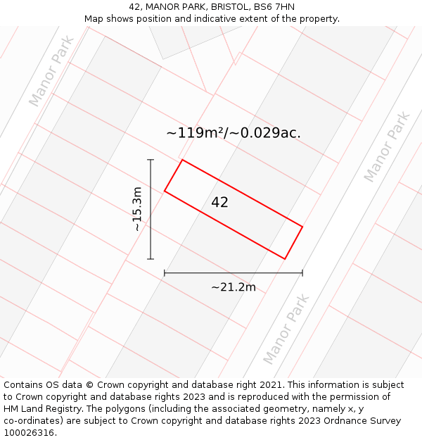 42, MANOR PARK, BRISTOL, BS6 7HN: Plot and title map