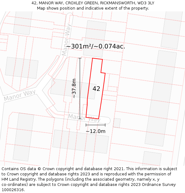 42, MANOR WAY, CROXLEY GREEN, RICKMANSWORTH, WD3 3LY: Plot and title map
