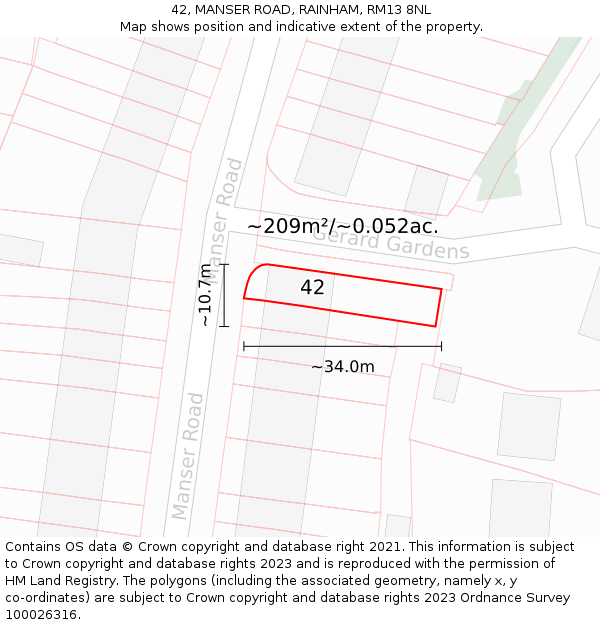 42, MANSER ROAD, RAINHAM, RM13 8NL: Plot and title map