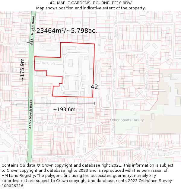 42, MAPLE GARDENS, BOURNE, PE10 9DW: Plot and title map