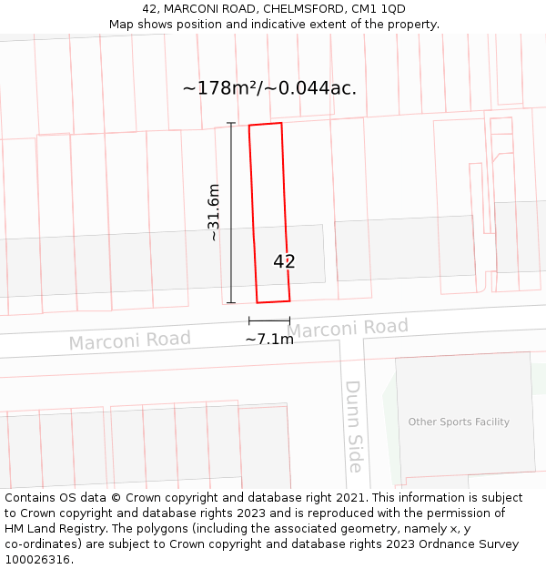 42, MARCONI ROAD, CHELMSFORD, CM1 1QD: Plot and title map