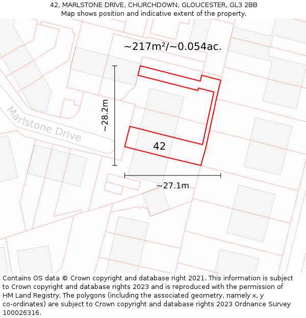 42, MARLSTONE DRIVE, CHURCHDOWN, GLOUCESTER, GL3 2BB: Plot and title map