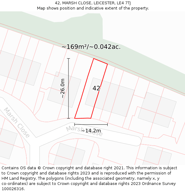 42, MARSH CLOSE, LEICESTER, LE4 7TJ: Plot and title map