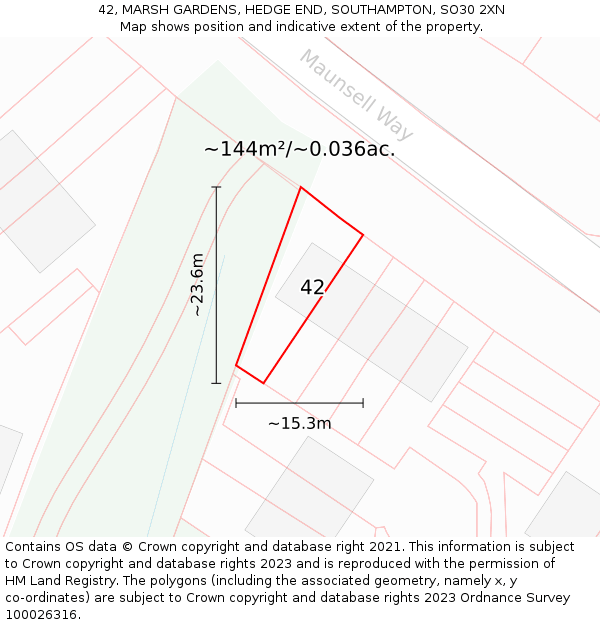 42, MARSH GARDENS, HEDGE END, SOUTHAMPTON, SO30 2XN: Plot and title map