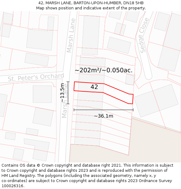 42, MARSH LANE, BARTON-UPON-HUMBER, DN18 5HB: Plot and title map