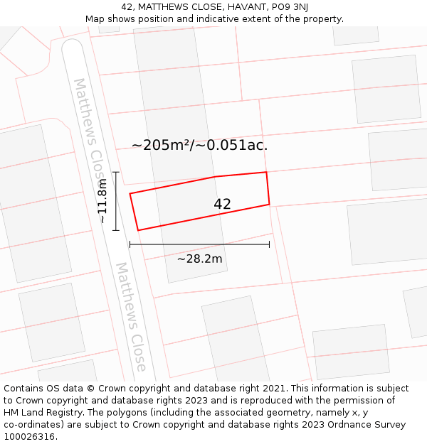 42, MATTHEWS CLOSE, HAVANT, PO9 3NJ: Plot and title map