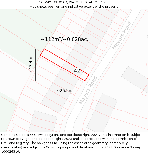 42, MAYERS ROAD, WALMER, DEAL, CT14 7RH: Plot and title map