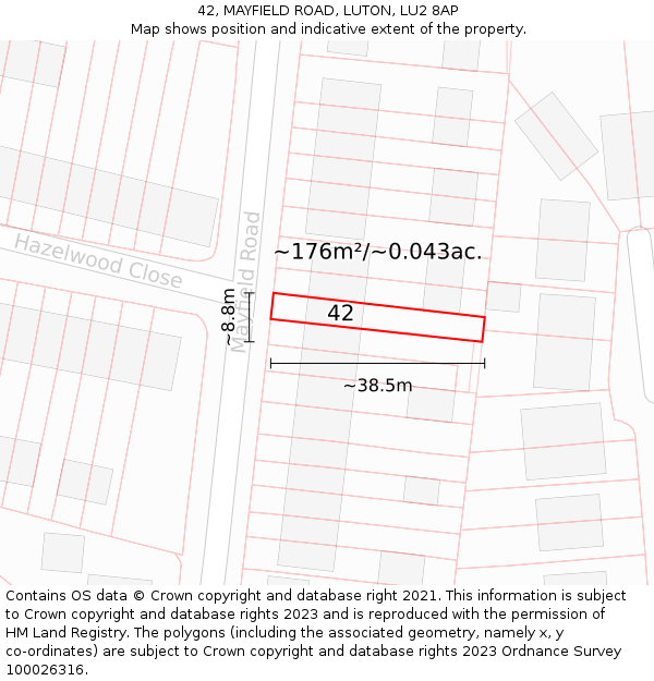 42, MAYFIELD ROAD, LUTON, LU2 8AP: Plot and title map